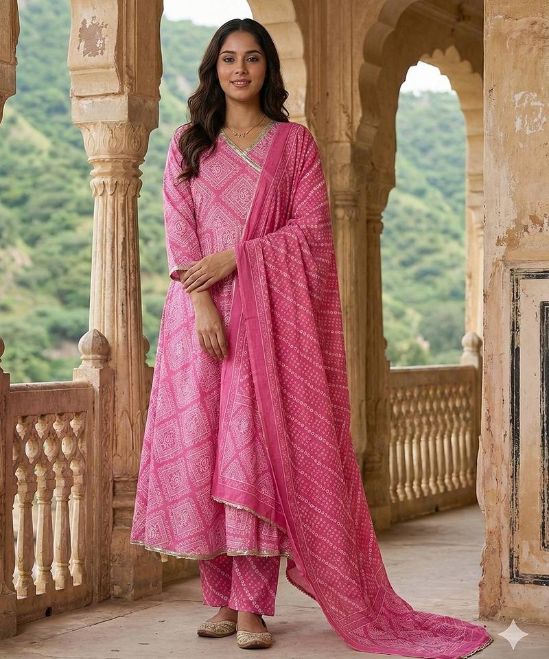 Anouk pink pure cotton anarkali angrakha kurta set