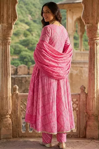 pink pure cotton anarkali angrakha kurta set
