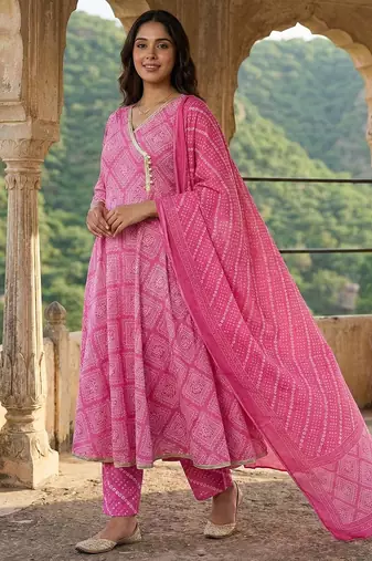 pink pure cotton anarkali angrakha kurta set
