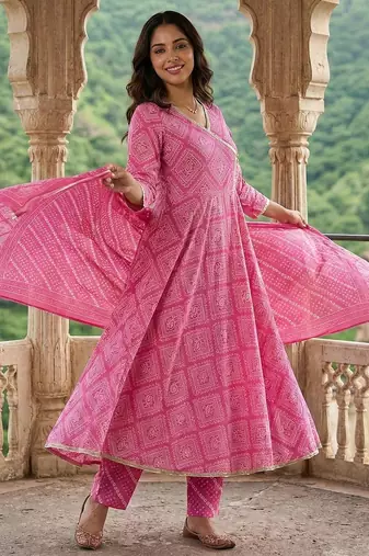 pink pure cotton anarkali angrakha kurta set