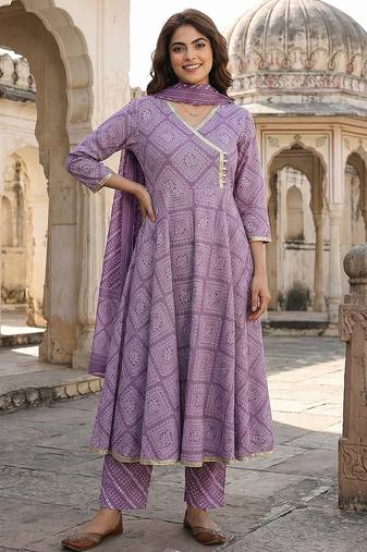 Anouk light purple pure cotton anarkali angrakha kurta set