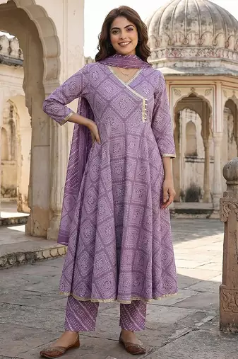 Anouk light purple pure cotton anarkali angrakha kurta set
