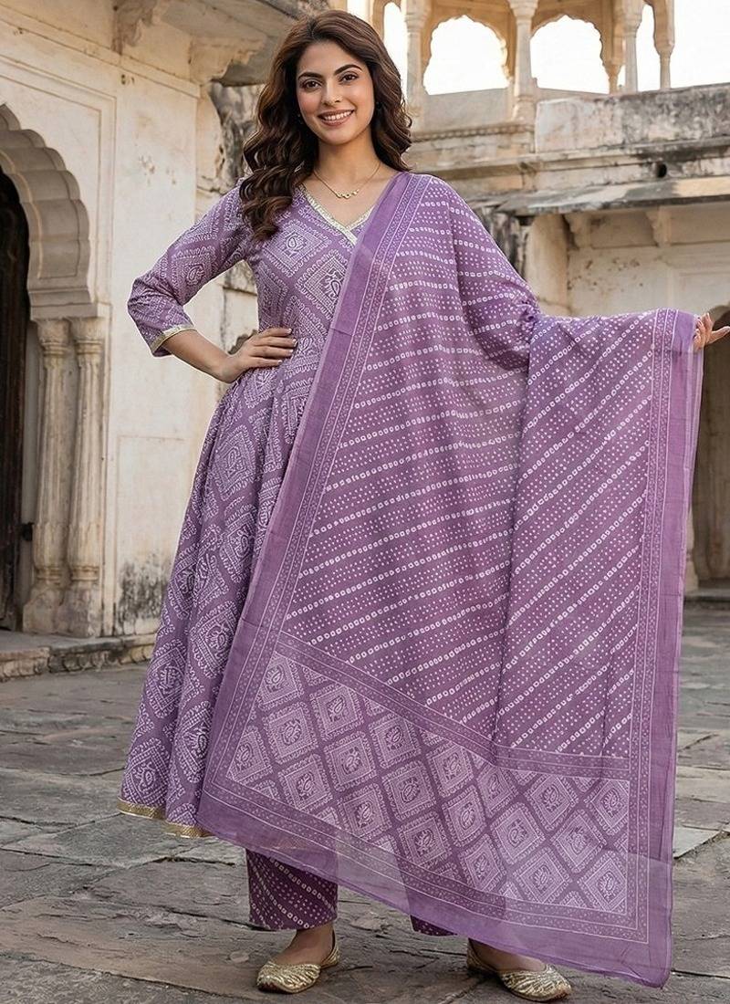 Anouk light purple pure cotton anarkali angrakha kurta set