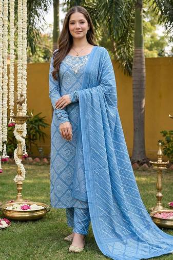 Anouk blue pure cotton straight regular kurta set