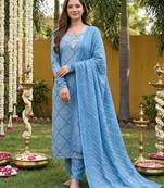 Anouk blue pure cotton straight regular kurta set