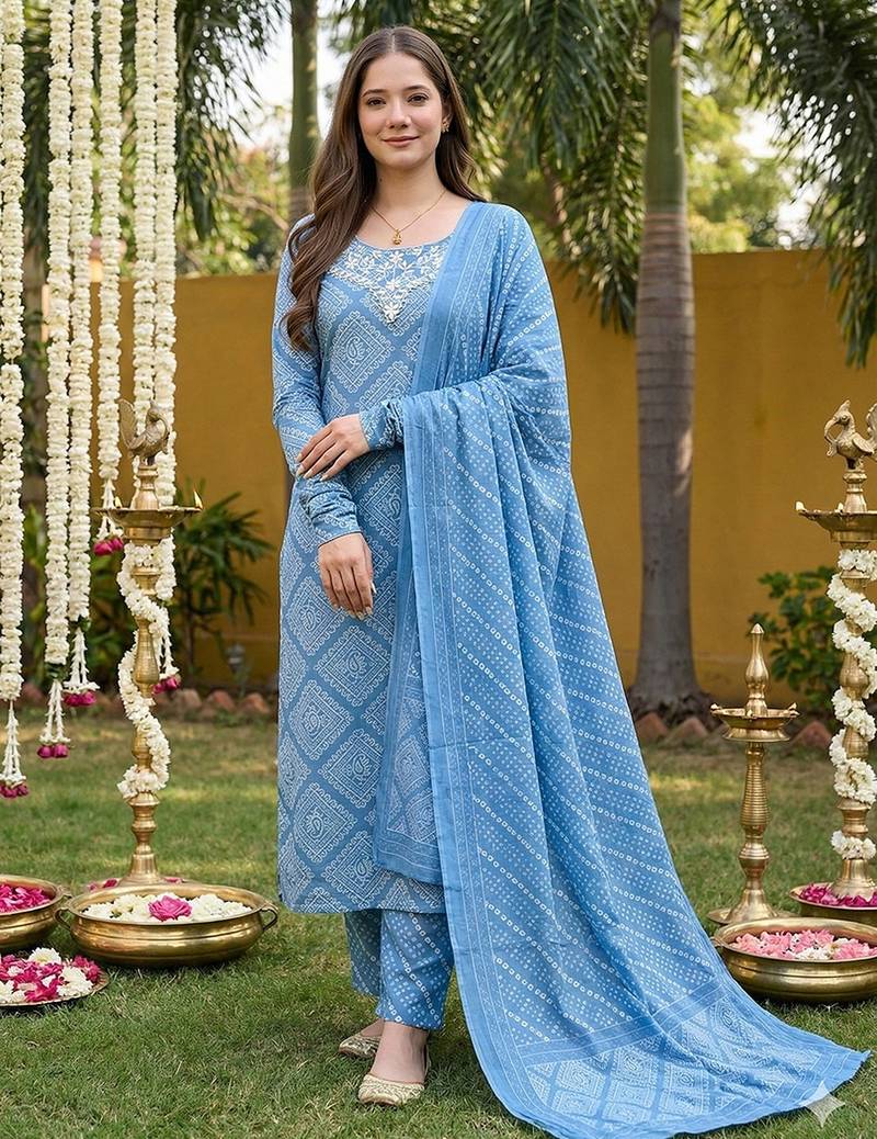 Anouk blue pure cotton straight regular kurta set