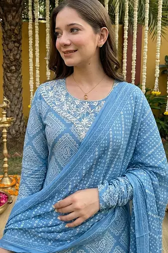 blue pure cotton straight regular kurta set