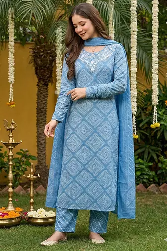blue pure cotton straight regular kurta set