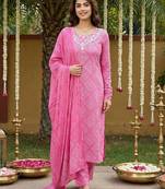 Anouk pink pure cotton straight regular kurta set