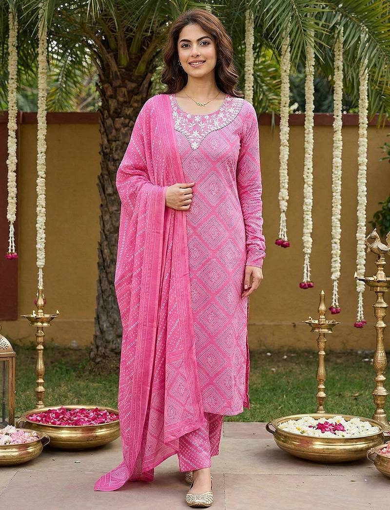 Anouk pink pure cotton straight regular kurta set