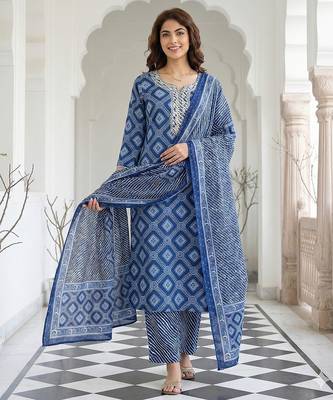 blue pure cotton straight regular kurta set 1