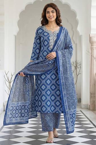 Anouk blue pure cotton straight regular kurta set