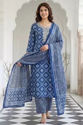 Anouk blue pure cotton straight regular kurta set