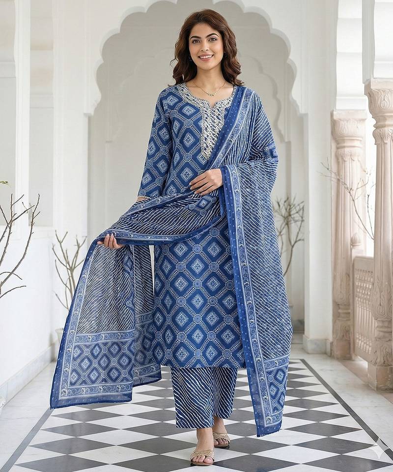 Anouk blue pure cotton straight regular kurta set