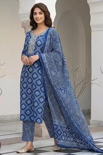 blue pure cotton straight regular kurta set