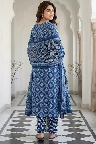 blue pure cotton straight regular kurta set