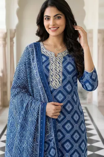 blue pure cotton straight regular kurta set