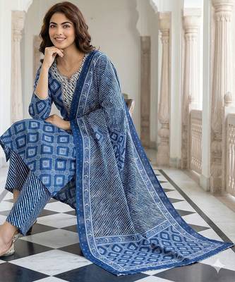 blue pure cotton straight regular kurta set 5