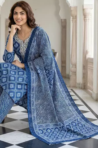 blue pure cotton straight regular kurta set