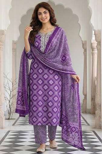 Anouk purple pure cotton straight regular kurta set