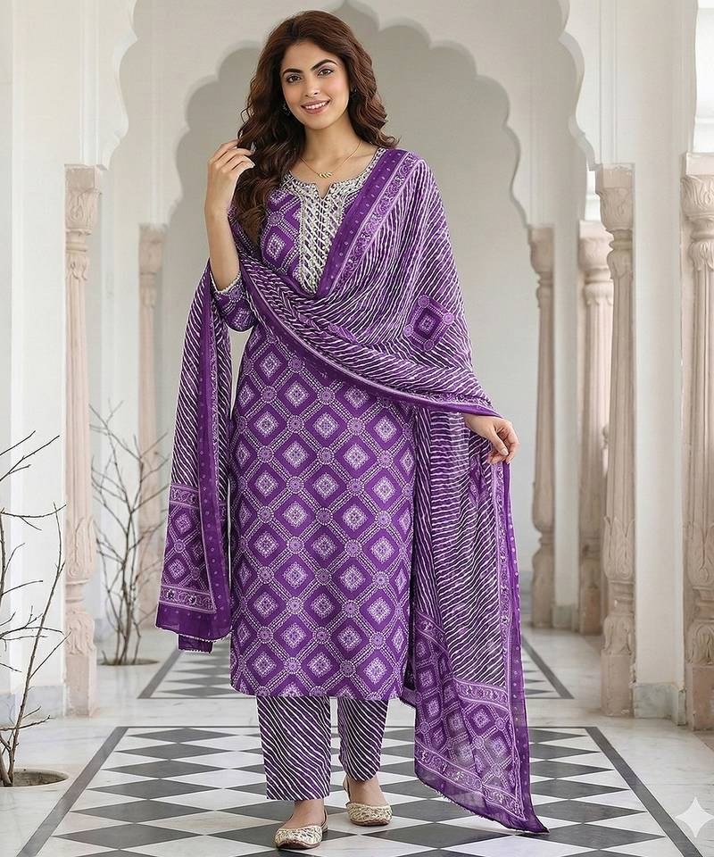Anouk purple pure cotton straight regular kurta set