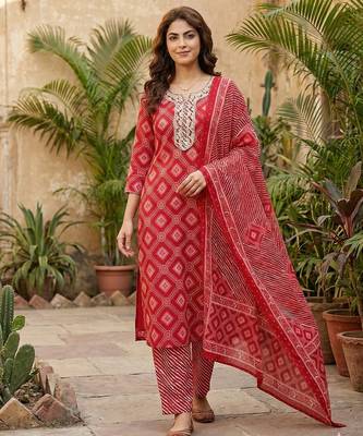 red pure cotton straight regular kurta set 1