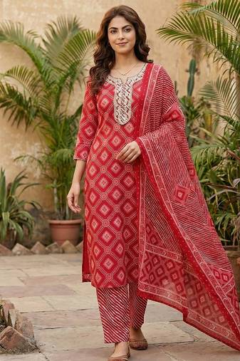 Anouk red pure cotton straight regular kurta set