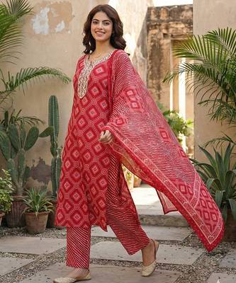 red pure cotton straight regular kurta set 3