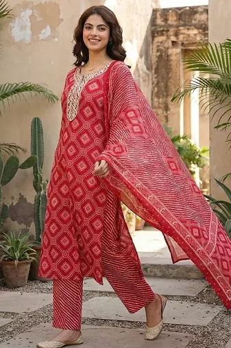 red pure cotton straight regular kurta set