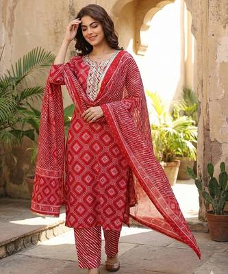 red pure cotton straight regular kurta set 4