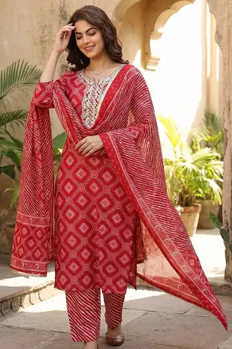 red pure cotton straight regular kurta set