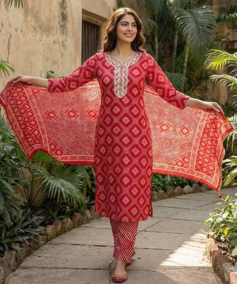 red pure cotton straight regular kurta set 5