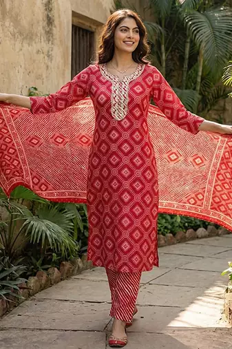 red pure cotton straight regular kurta set