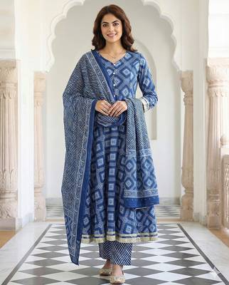 blue pure cotton anarkali regular kurta set 1