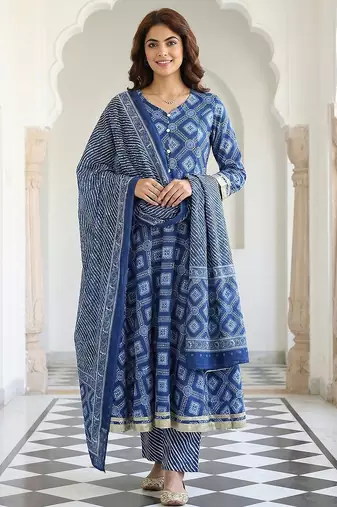 Anouk blue pure cotton anarkali regular kurta set