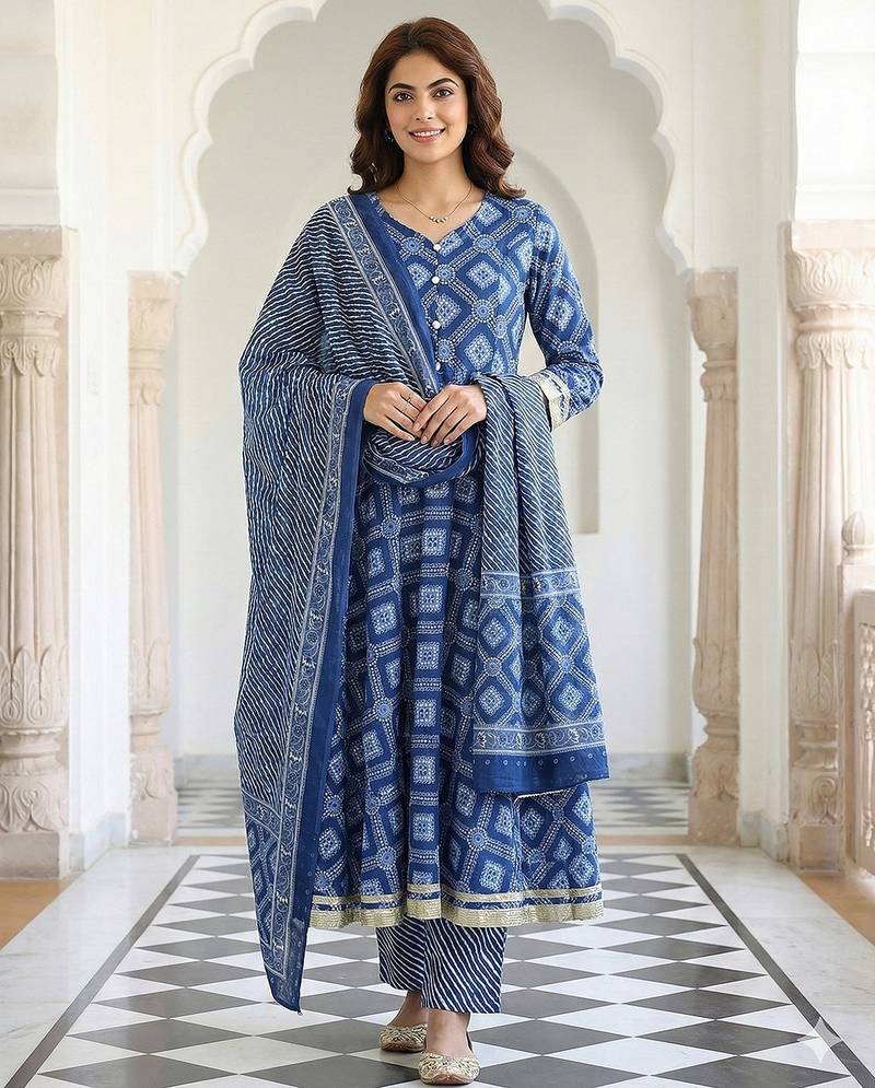 Anouk blue pure cotton anarkali regular kurta set