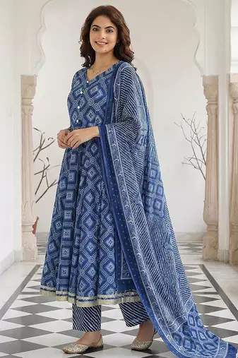 blue pure cotton anarkali regular kurta set
