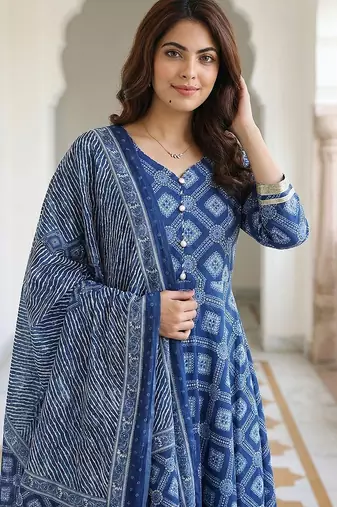 blue pure cotton anarkali regular kurta set