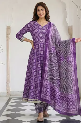 Anouk purple pure cotton anarkali regular kurta set