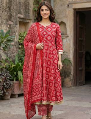 red pure cotton anarkali regular kurta set 1