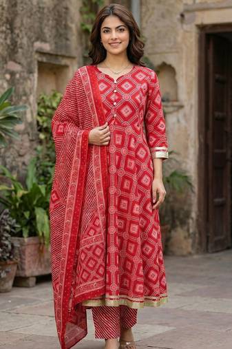 Anouk red pure cotton anarkali regular kurta set