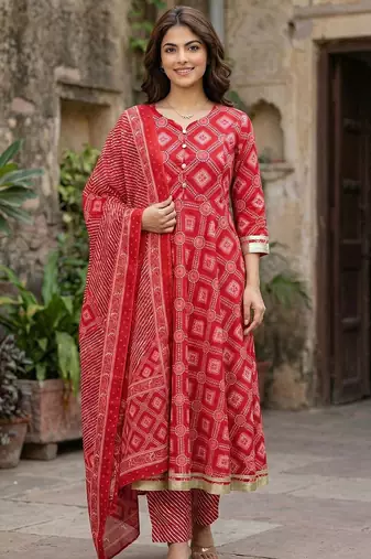 Anouk red pure cotton anarkali regular kurta set