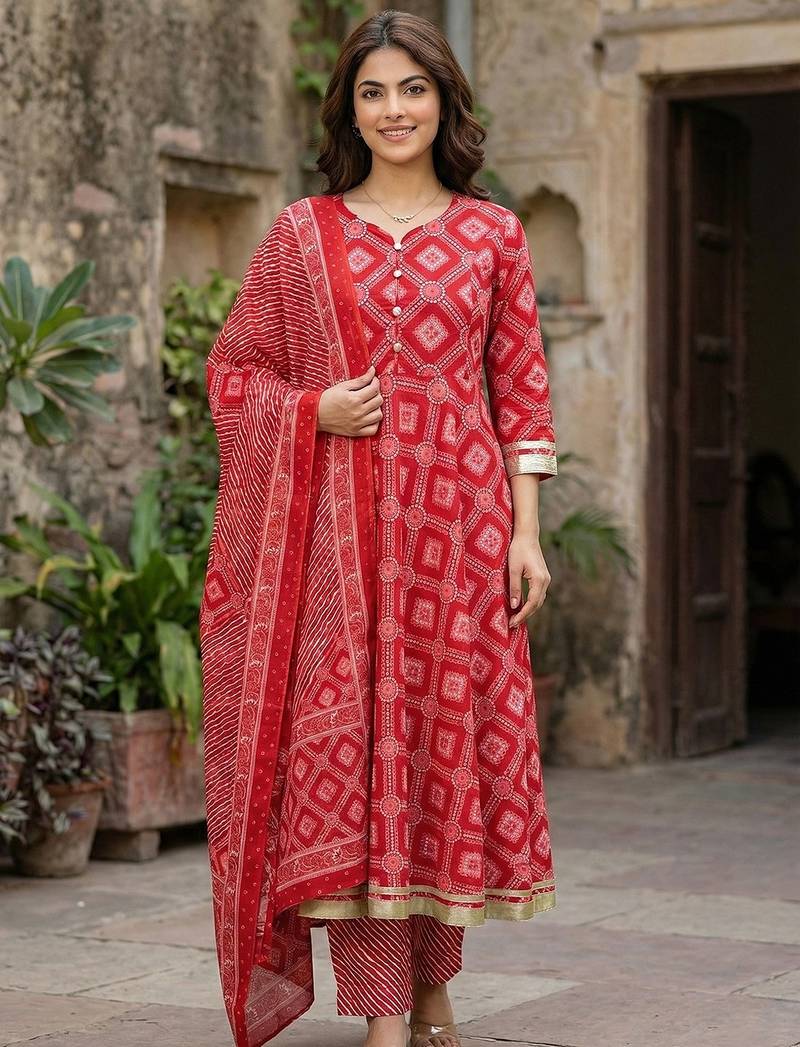 Anouk red pure cotton anarkali regular kurta set