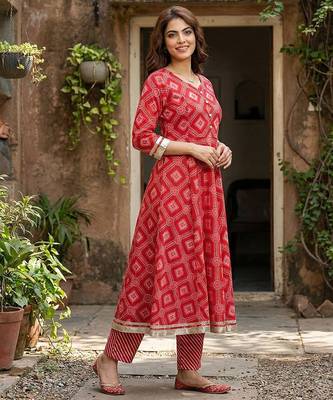 red pure cotton anarkali regular kurta set 2