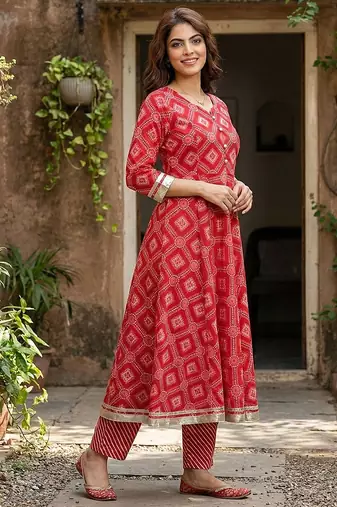 red pure cotton anarkali regular kurta set