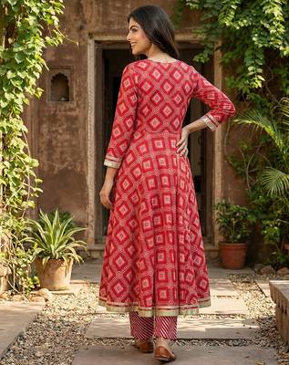 red pure cotton anarkali regular kurta set 3