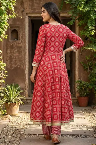red pure cotton anarkali regular kurta set