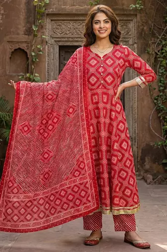 red pure cotton anarkali regular kurta set