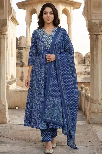 Anouk blue pure cotton anarkali regular kurta set