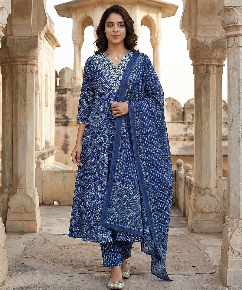 Anouk blue pure cotton anarkali regular kurta set
